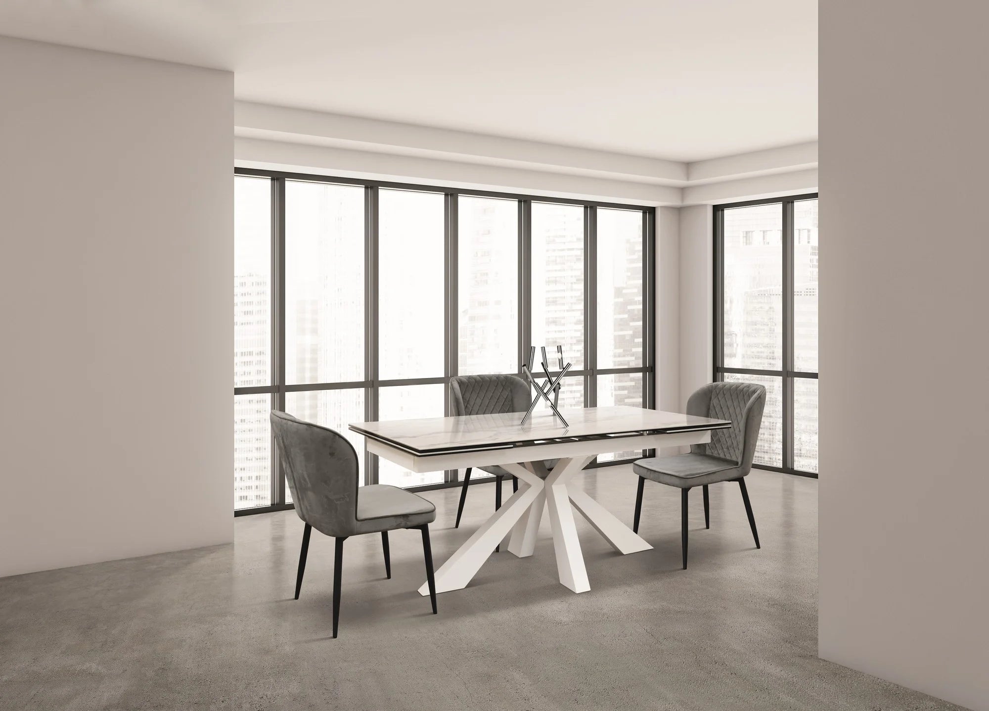 Tavolo BEVERLY HILLS in vetroceramica effetto marmo statuario e metallo bianco, allungabile