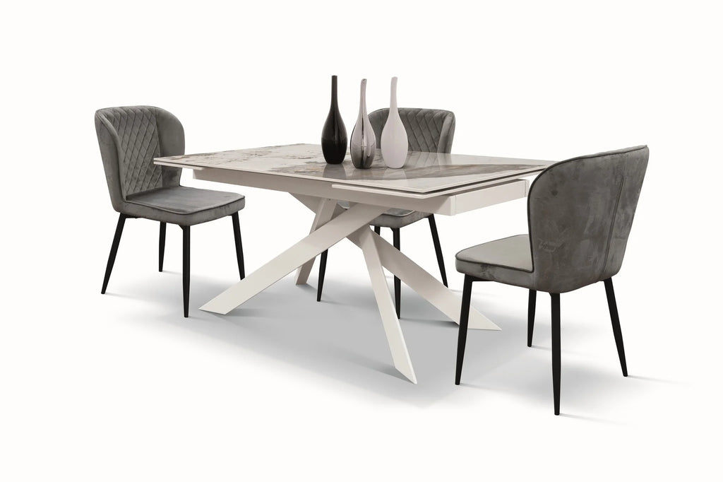 Tavolo BEVERLY HILLS in vetroceramica effetto marmo luxury pandora e metallo bianco, allungabile