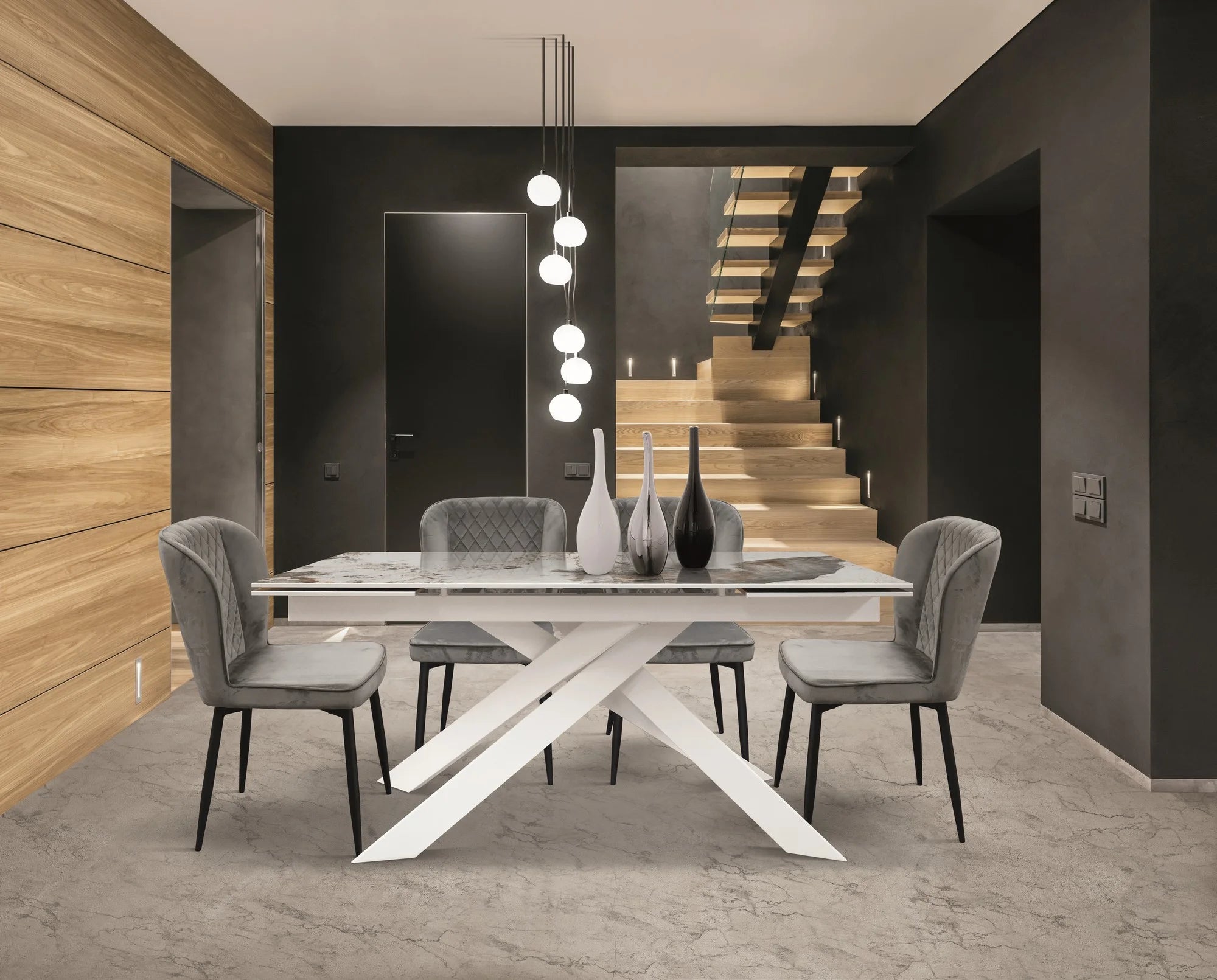 Tavolo BEVERLY HILLS in vetroceramica effetto marmo luxury pandora e metallo bianco, allungabile