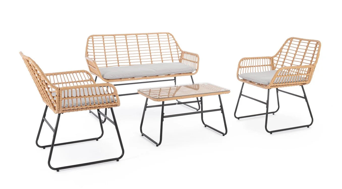 Set salotto BURREL  in acciaio nero e fibra naturale