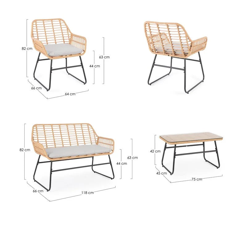 Set salotto BURREL  in acciaio nero e fibra naturale