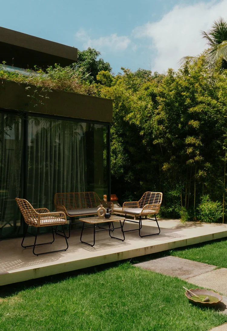 Set salotto BURREL  in acciaio nero e fibra naturale