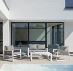 Set salotto CAPTIVA con 1 divano, 2 poltrone e 1 tavolino in alluminio bianco textilene tortora