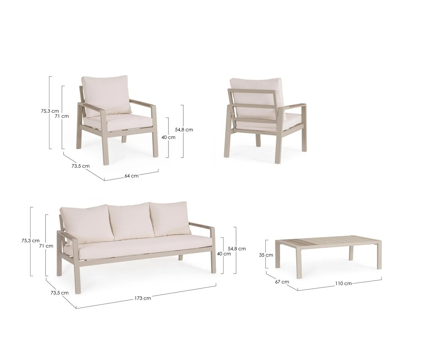 Set salotto ELNA  in alluminio tortora con inserti in polywood