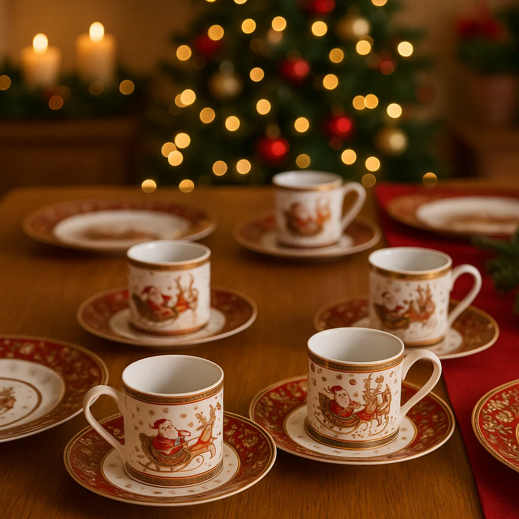 Set da 2 Tazze e piatti con disegnino Babbo Natale