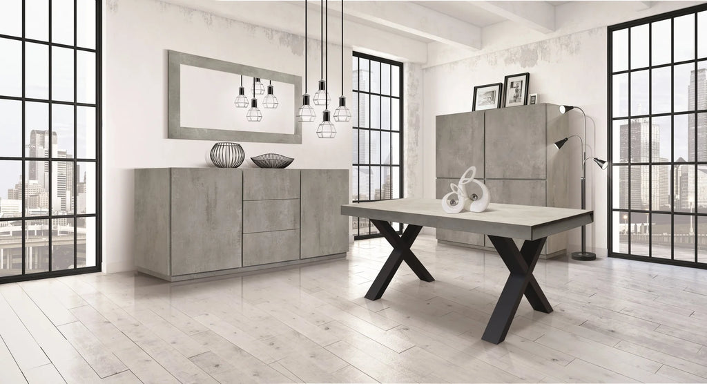 Credenza FAVIGNANA in legno, finitura in grigio cemento, piano effetto marmo statuario, 200×50 cm