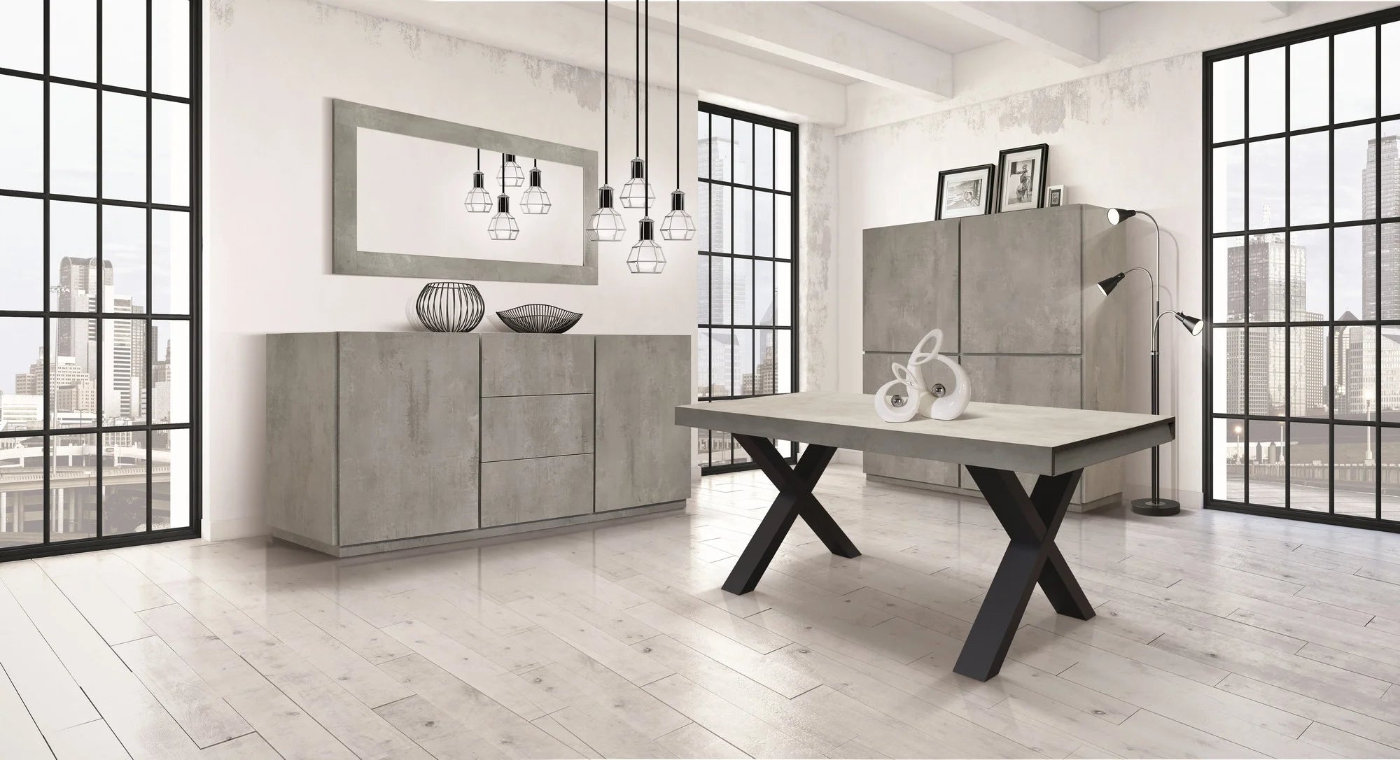 Credenza FAVIGNANA in legno, finitura in grigio cemento, piano effetto marmo statuario, 200×50 cm