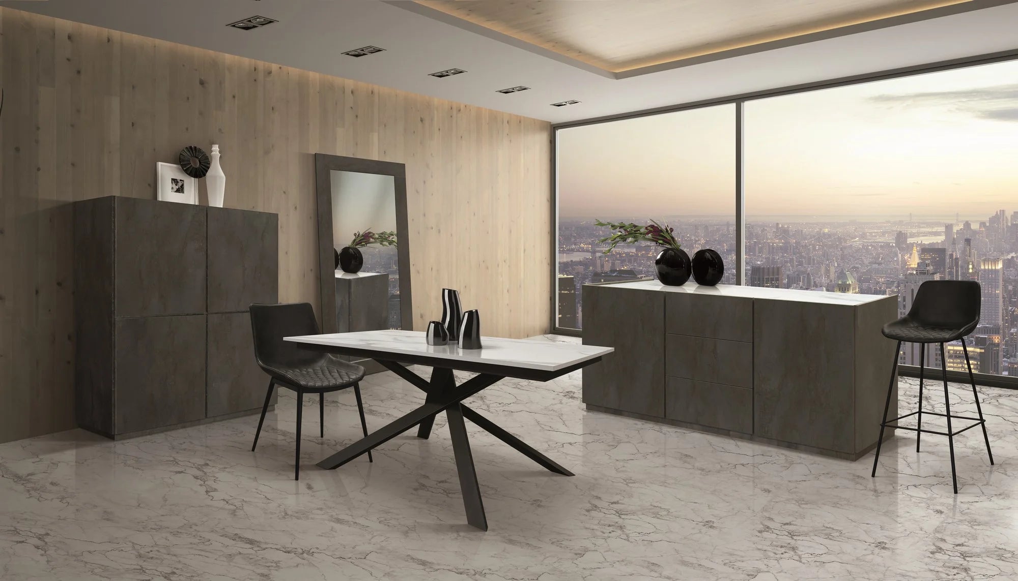 Credenza FAVIGNANA in legno, finitura in acciaio ossidato, piano effetto marmo statuario, 200×50 cm