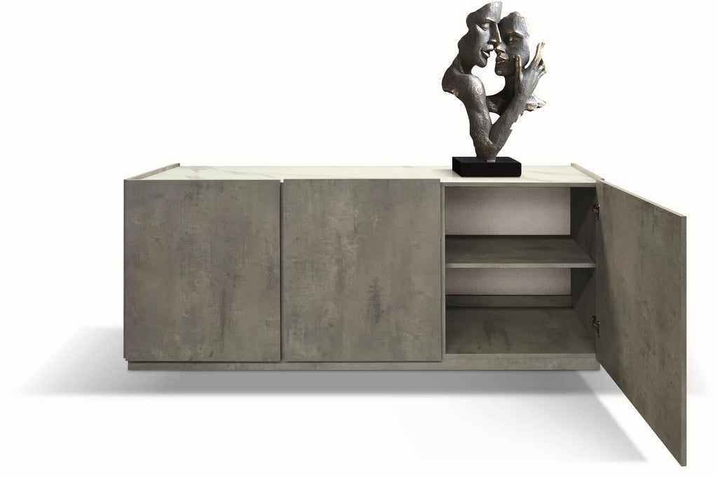 Credenza FAVIGNANA in legno, finitura in grigio cemento, piano effetto marmo statuario, 200×50 cm