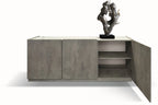 Credenza FAVIGNANA in legno, finitura in grigio cemento, piano effetto marmo statuario, 200×50 cm