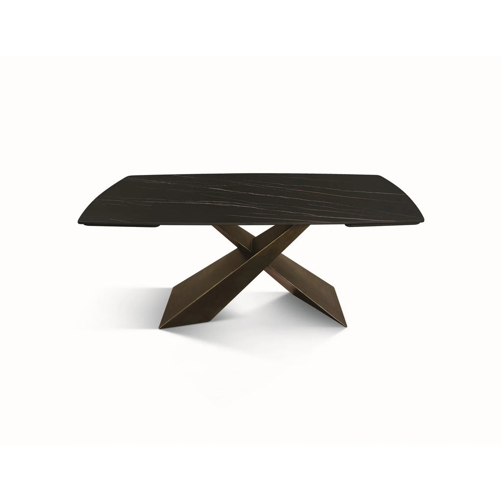 Tavolo FIGARI in vetroceramica matt golden nero con gambe a X in metallo bronzo, allungabile