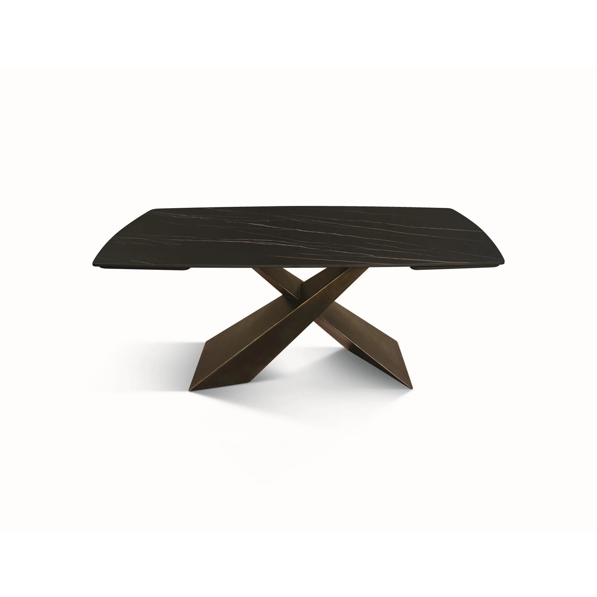 Tavolo FIGARI in vetroceramica matt golden nero con gambe a X in metallo bronzo, allungabile