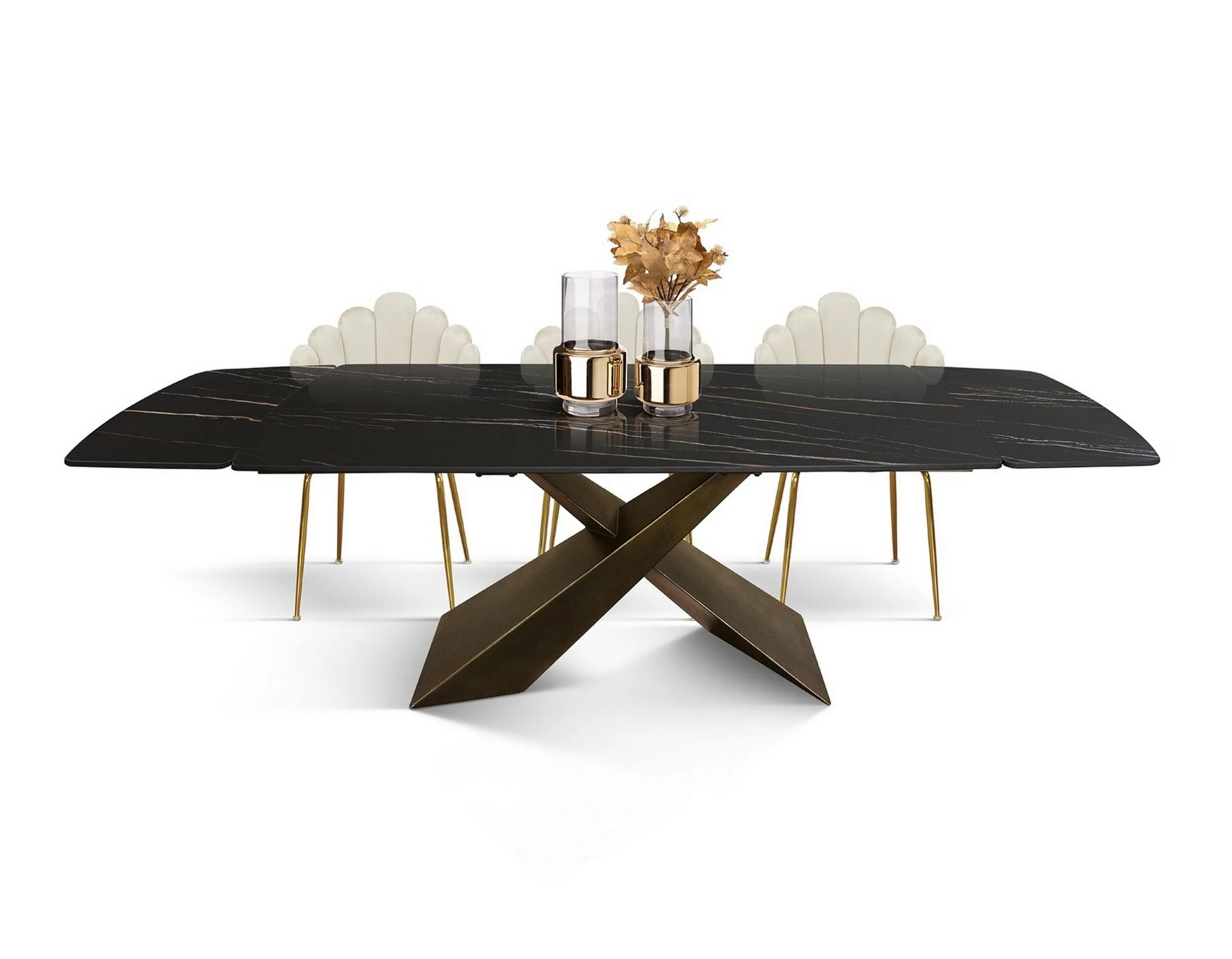 Tavolo FIGARI in vetroceramica matt golden nero con gambe a X in metallo bronzo, allungabile