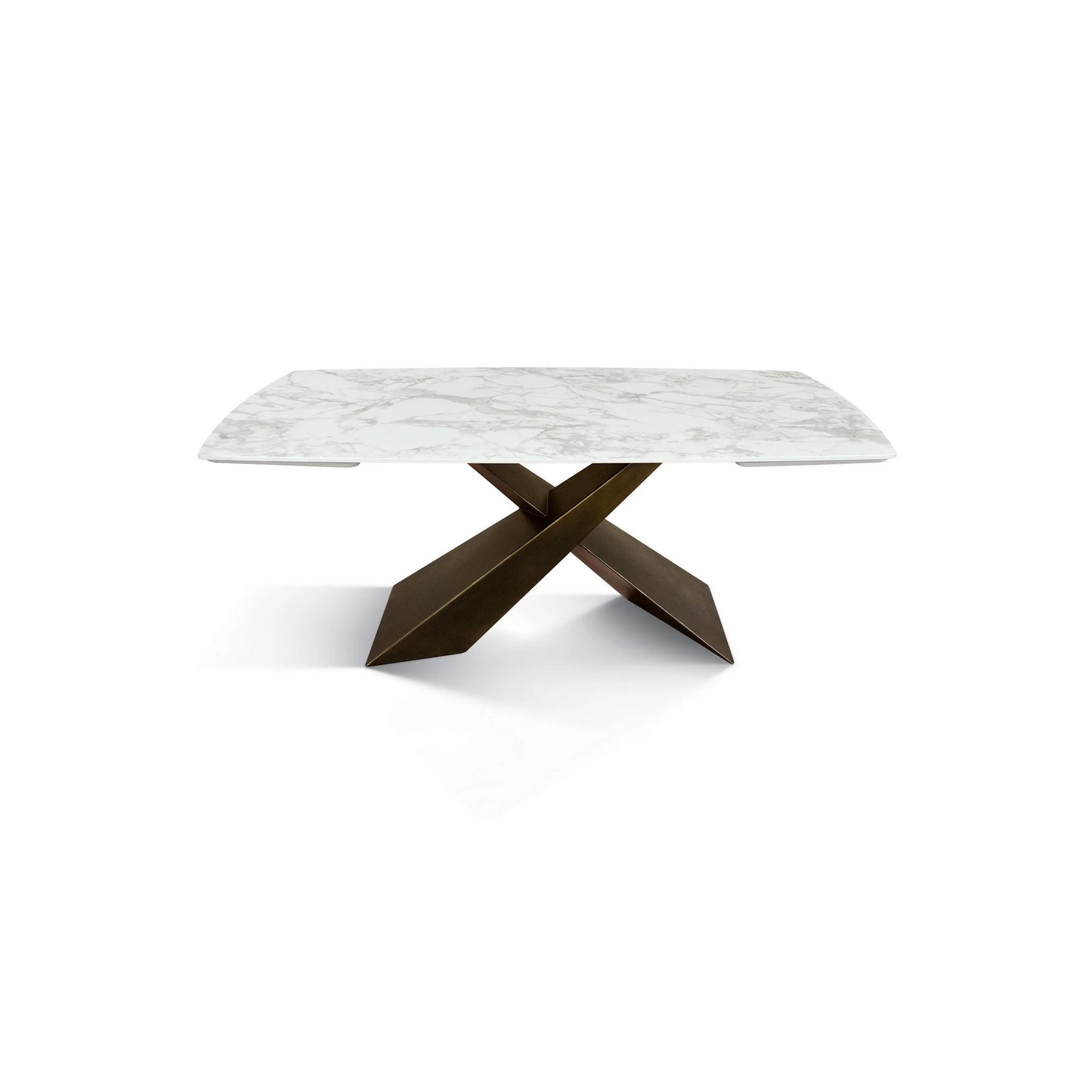 Tavolo FIGARI in vetroceramica bianco arabesco con gambe a X in metallo bronzo, allungabile