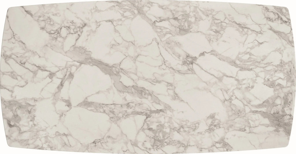 Tavolo FIGARI in vetroceramica bianco arabesco con gambe a X in metallo bronzo, allungabile