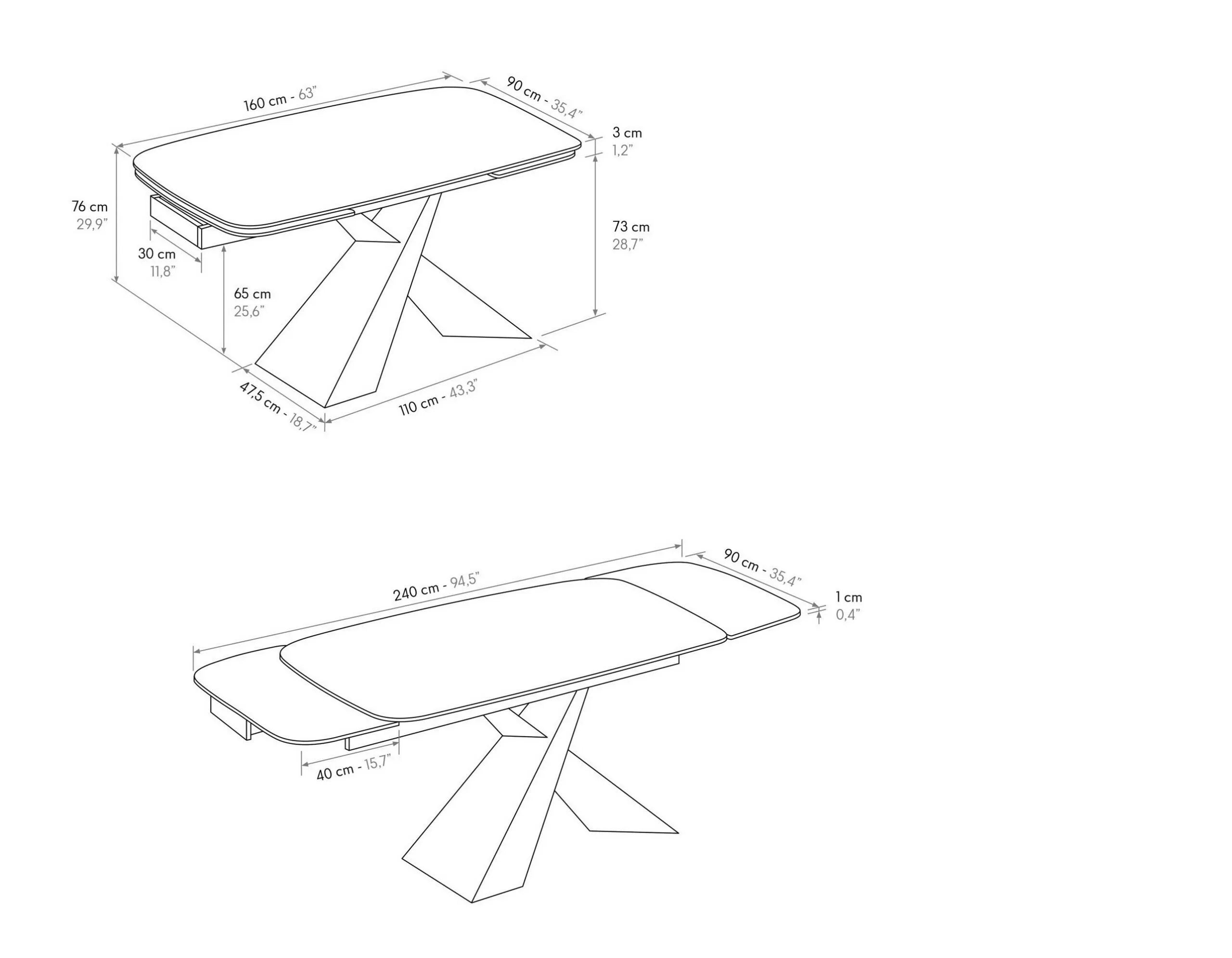 Tavolo FIGARI in vetroceramica bianco arabesco con gambe a X in metallo bronzo, allungabile