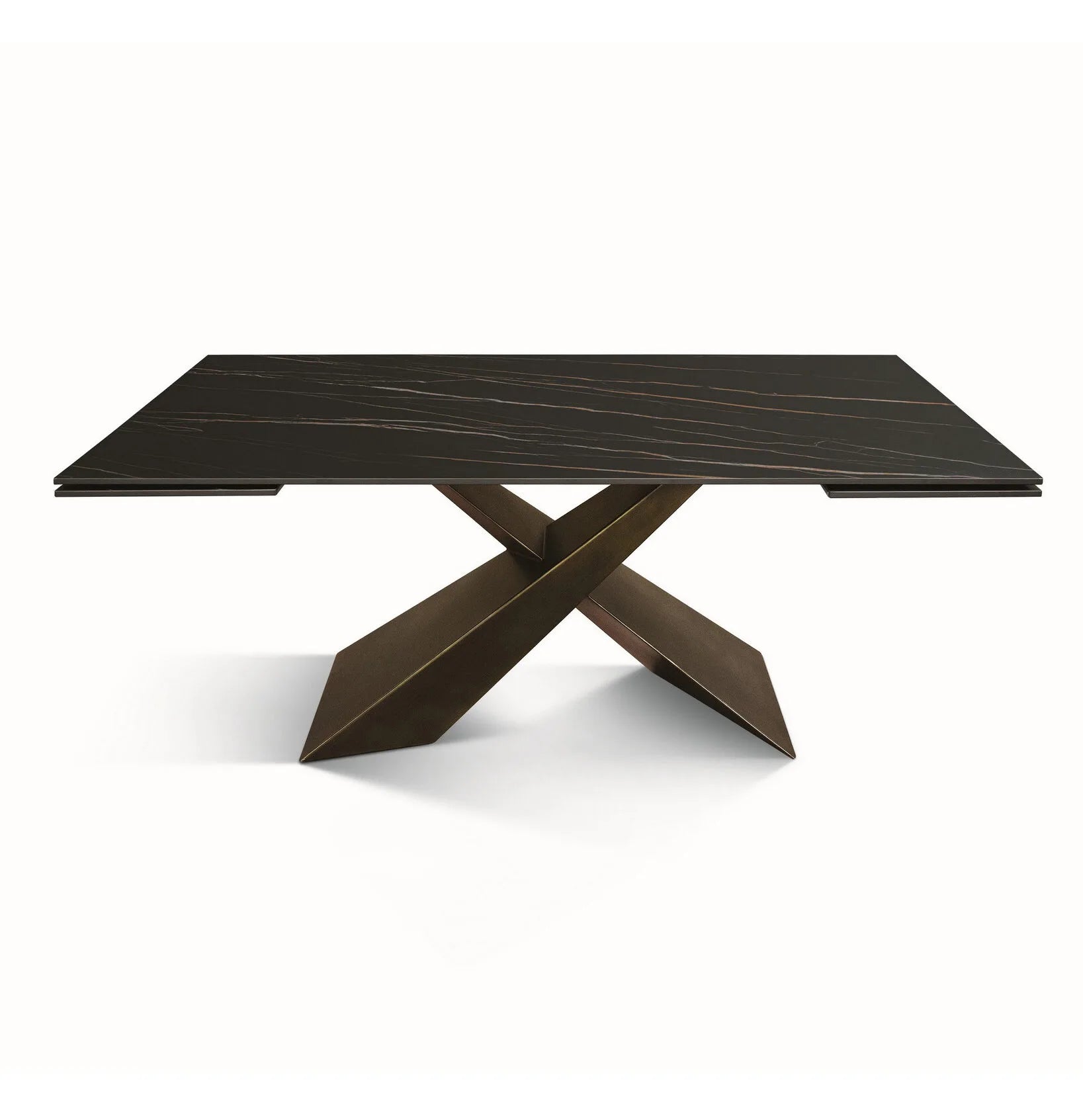 Tavolo FIGARI in vetroceramica matt golden nero con gambe a X in metallo bronzo, allungabile