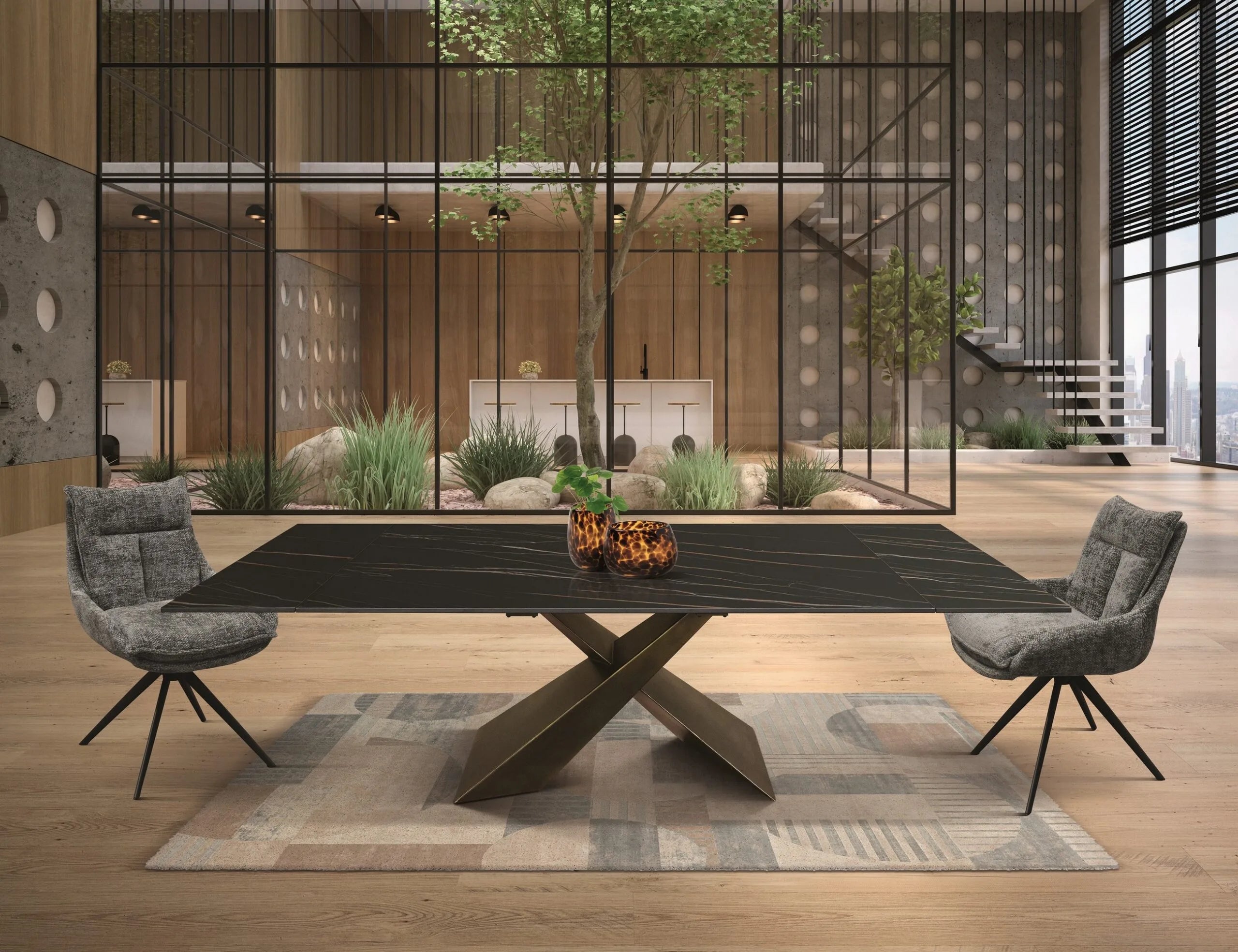 Tavolo FIGARI in vetroceramica matt golden nero con gambe a X in metallo bronzo, allungabile