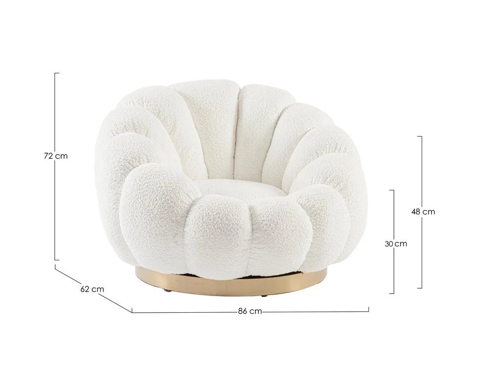 Poltrona girevole FLOREL in tessuto effetto bouclé bianco