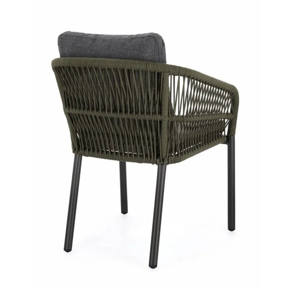Set di 4 poltroncine GALDANA in alluminio antracite con intreccio in corda verde, con braccioli
