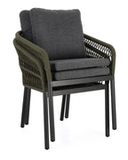 Set di 4 poltroncine GALDANA in alluminio antracite con intreccio in corda verde, con braccioli