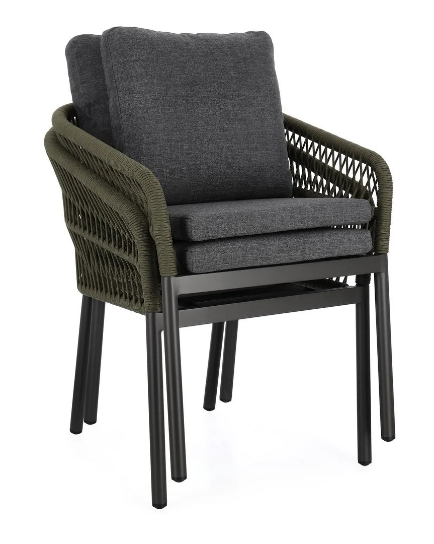 Set di 4 poltroncine GALDANA in alluminio antracite con intreccio in corda verde, con braccioli