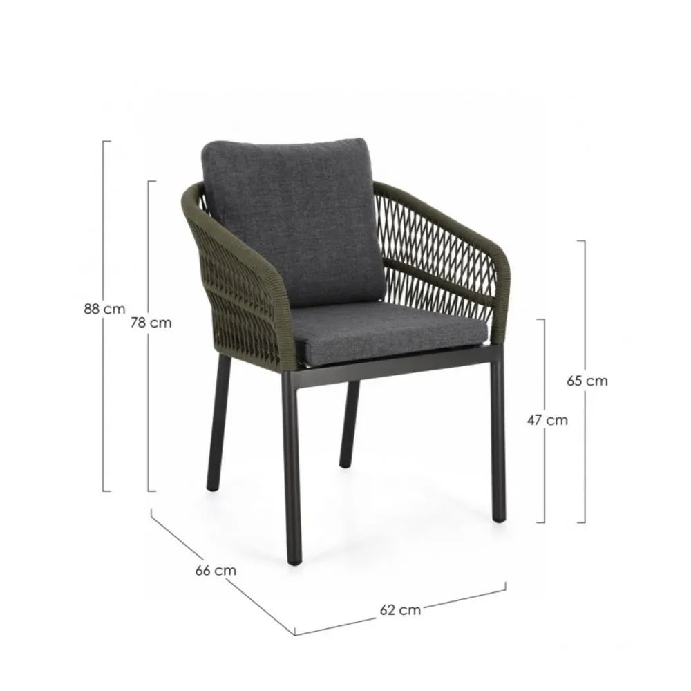 Set di 4 poltroncine GALDANA in alluminio antracite con intreccio in corda verde, con braccioli