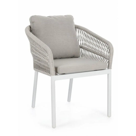 Set di 4 poltroncine GALDANA in alluminio BIANCOcon intreccio in corda grigio, con braccioli
