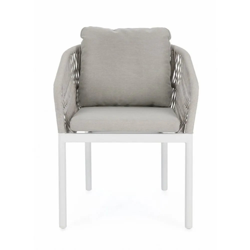 Set di 4 poltroncine GALDANA in alluminio BIANCOcon intreccio in corda grigio, con braccioli
