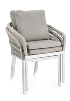 Set di 4 poltroncine GALDANA in alluminio BIANCOcon intreccio in corda grigio, con braccioli