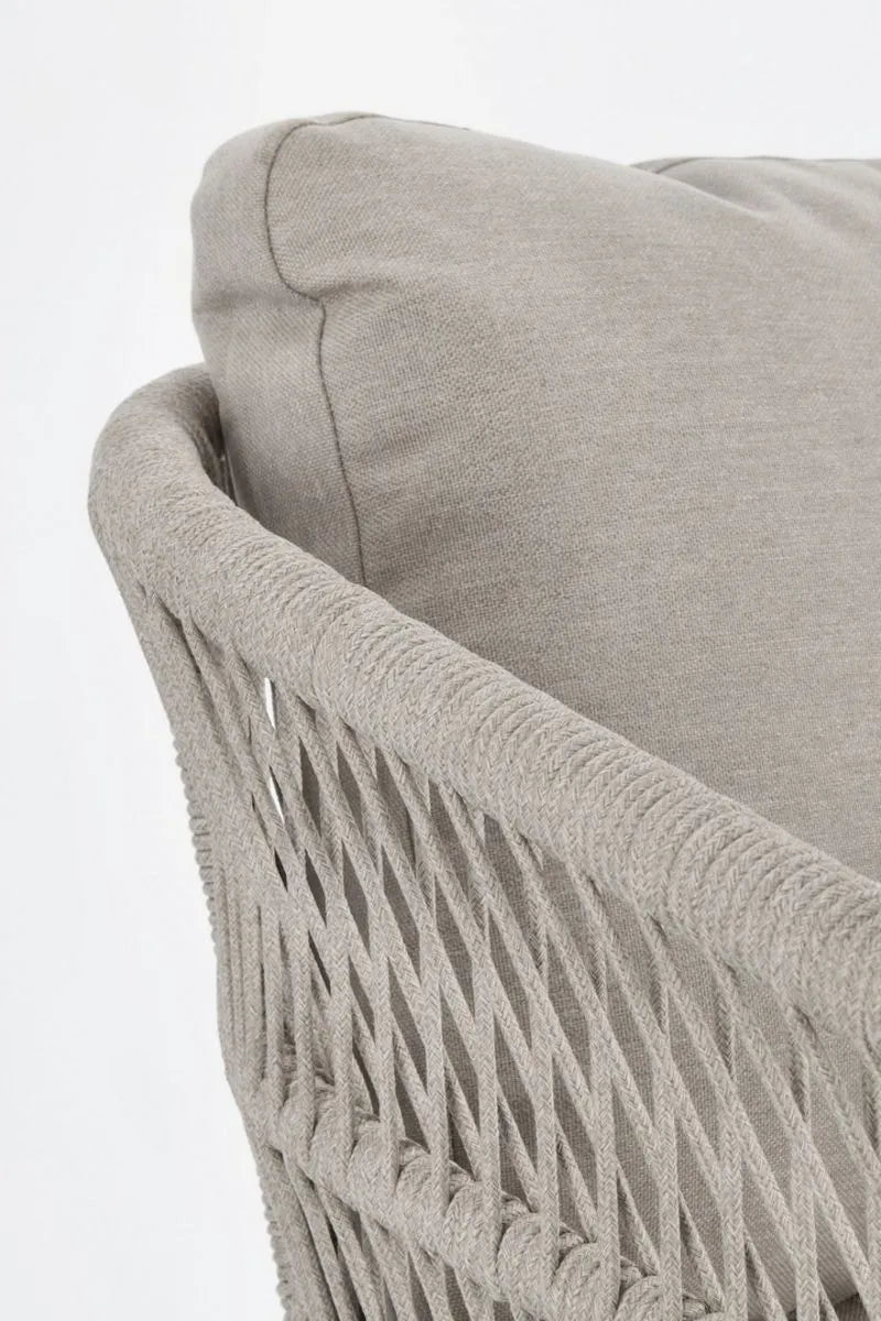 Set di 4 poltroncine GALDANA in alluminio BIANCOcon intreccio in corda grigio, con braccioli