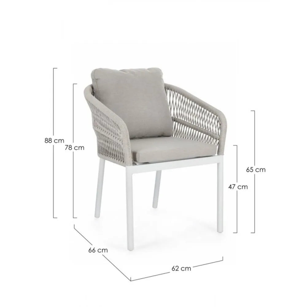 Set di 4 poltroncine GALDANA in alluminio BIANCOcon intreccio in corda grigio, con braccioli