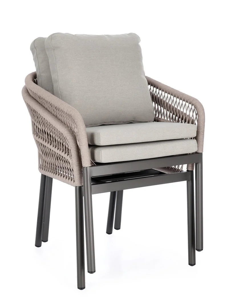 Set di 4 poltroncine GALDANA in alluminio antracite con intreccio in corda beige, con braccioli