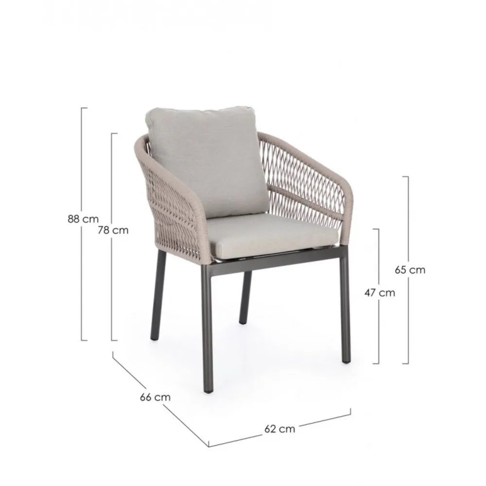 Set di 4 poltroncine GALDANA in alluminio antracite con intreccio in corda beige, con braccioli