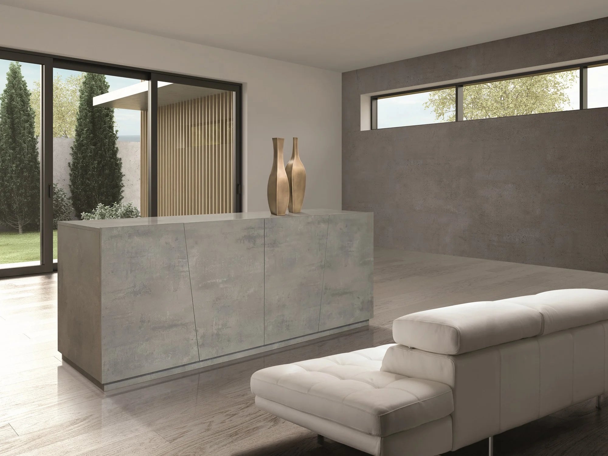 Credenza GORGONA in legno, finitura in grigio cemento, 180×50 cm