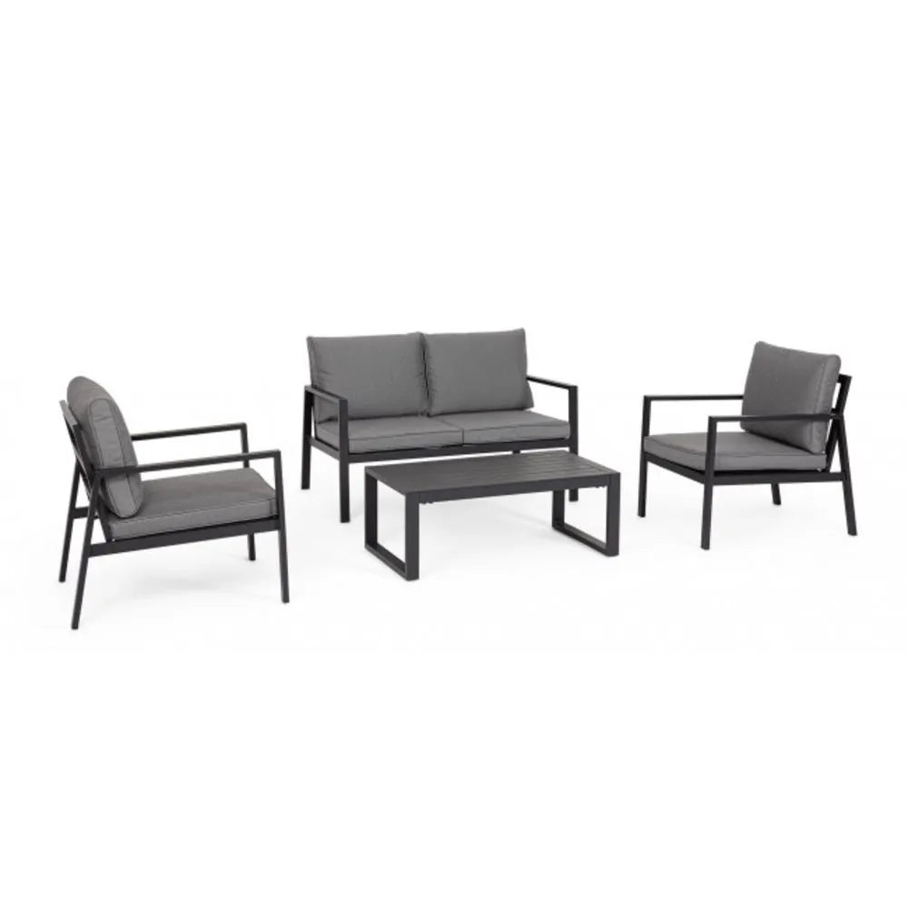 Set salotto HILDE con 1 divano, 2 poltroncine e 1 tavolino in alluminio antracite, con cuscini