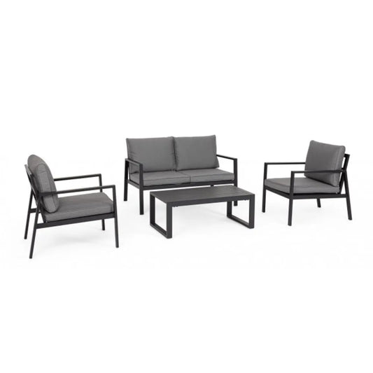 Set salotto HILDE con 1 divano, 2 poltroncine e 1 tavolino in alluminio antracite, con cuscini