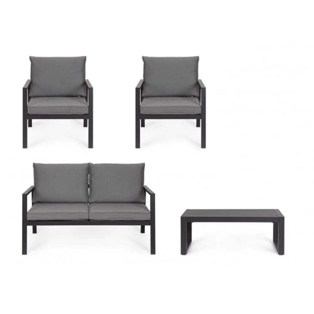 Set salotto HILDE con 1 divano, 2 poltroncine e 1 tavolino in alluminio antracite, con cuscini