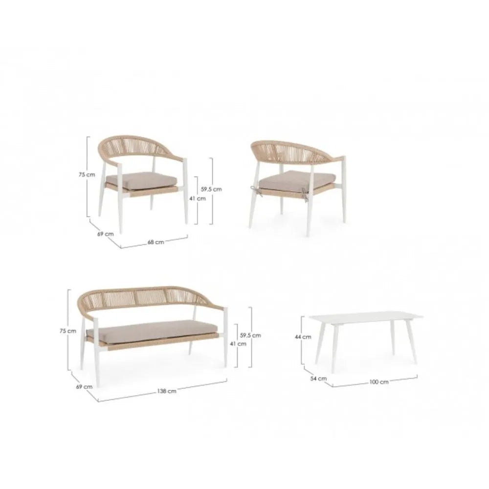Set salotto JANDIA  in alluminio Bianco e fibra intrecciata naturale