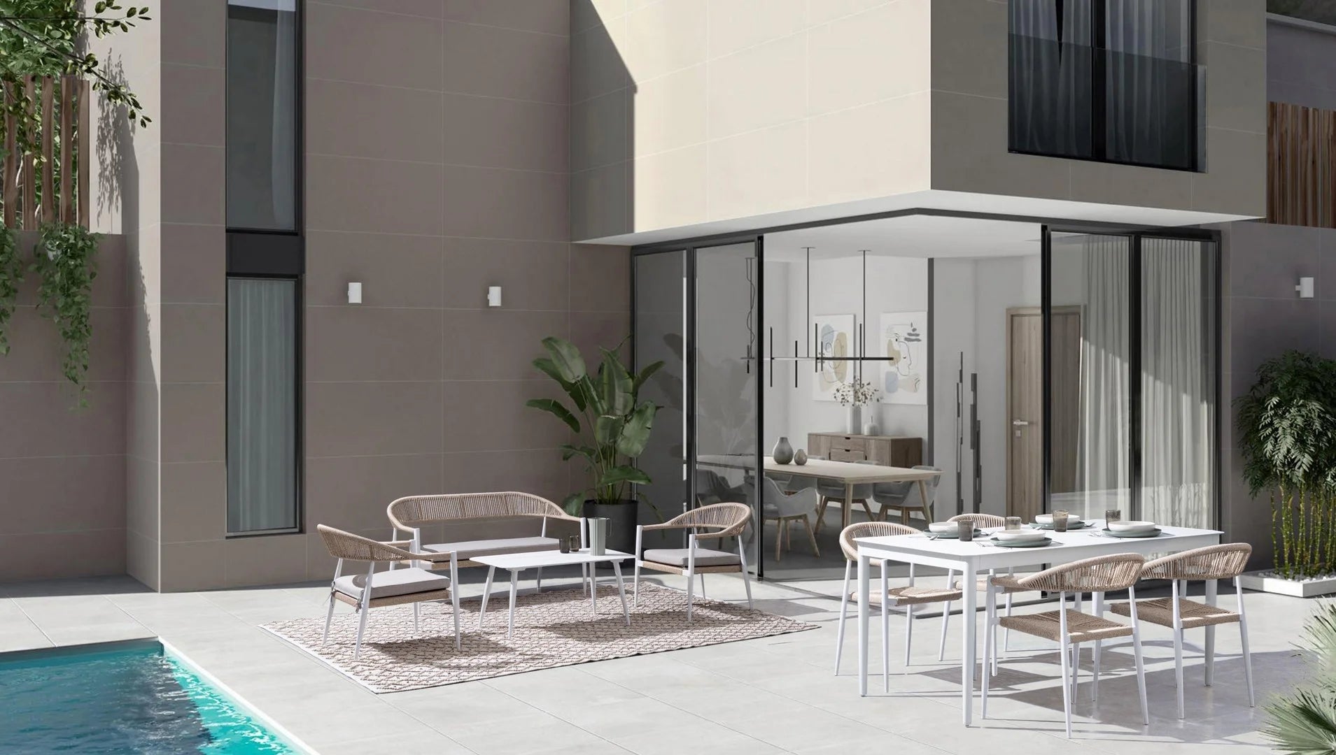 Set salotto JANDIA  in alluminio Bianco e fibra intrecciata naturale