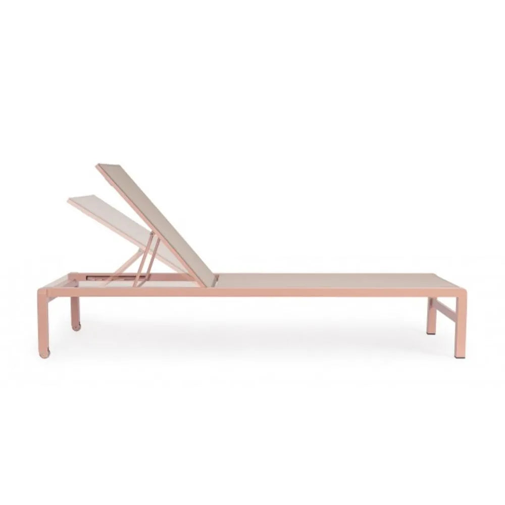 Set di 4 lettini reclinabili KONNOR in alluminio rosa e textilene tortora, con ruote