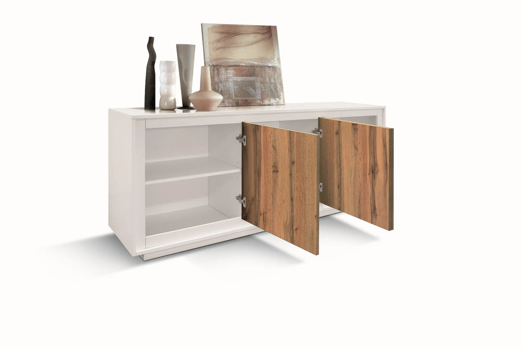 Credenza LAMPEDUSA in legno bianco frassinato, ante finitura rovere rustico, 180×50 cm