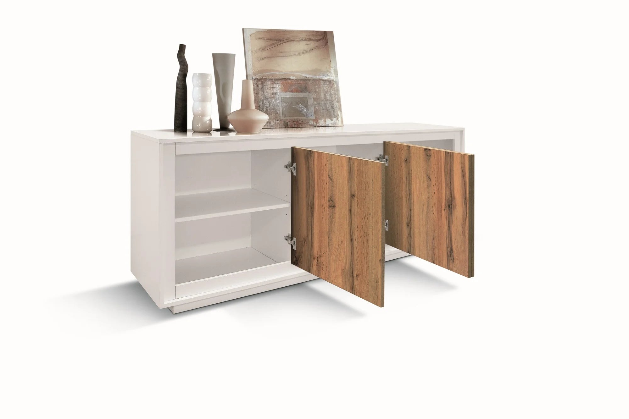 Credenza LAMPEDUSA in legno bianco frassinato, ante finitura rovere rustico, 180×50 cm