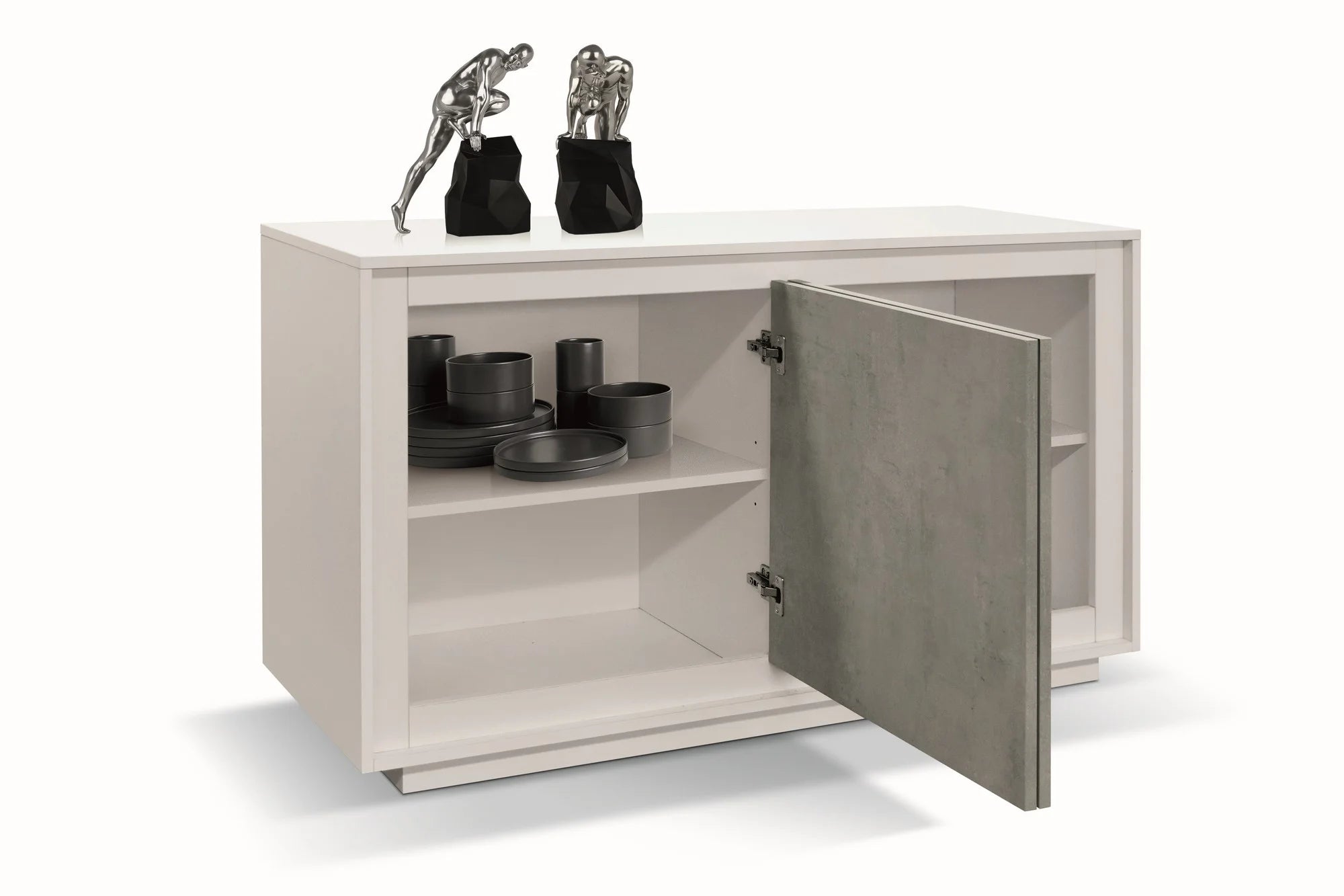 Credenza LAMPEDUSA in legno bianco frassinato, ante finitura grigio cemento, 140×50 cm
