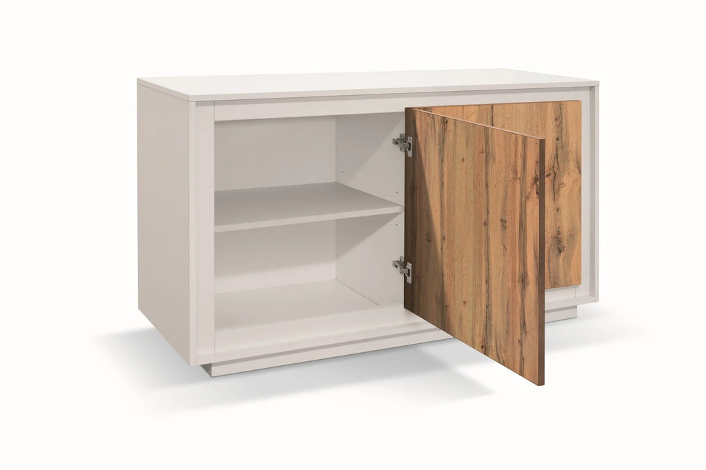 Credenza LAMPEDUSA in legno bianco frassinato, ante finitura rovere rustico, 140×50 cm