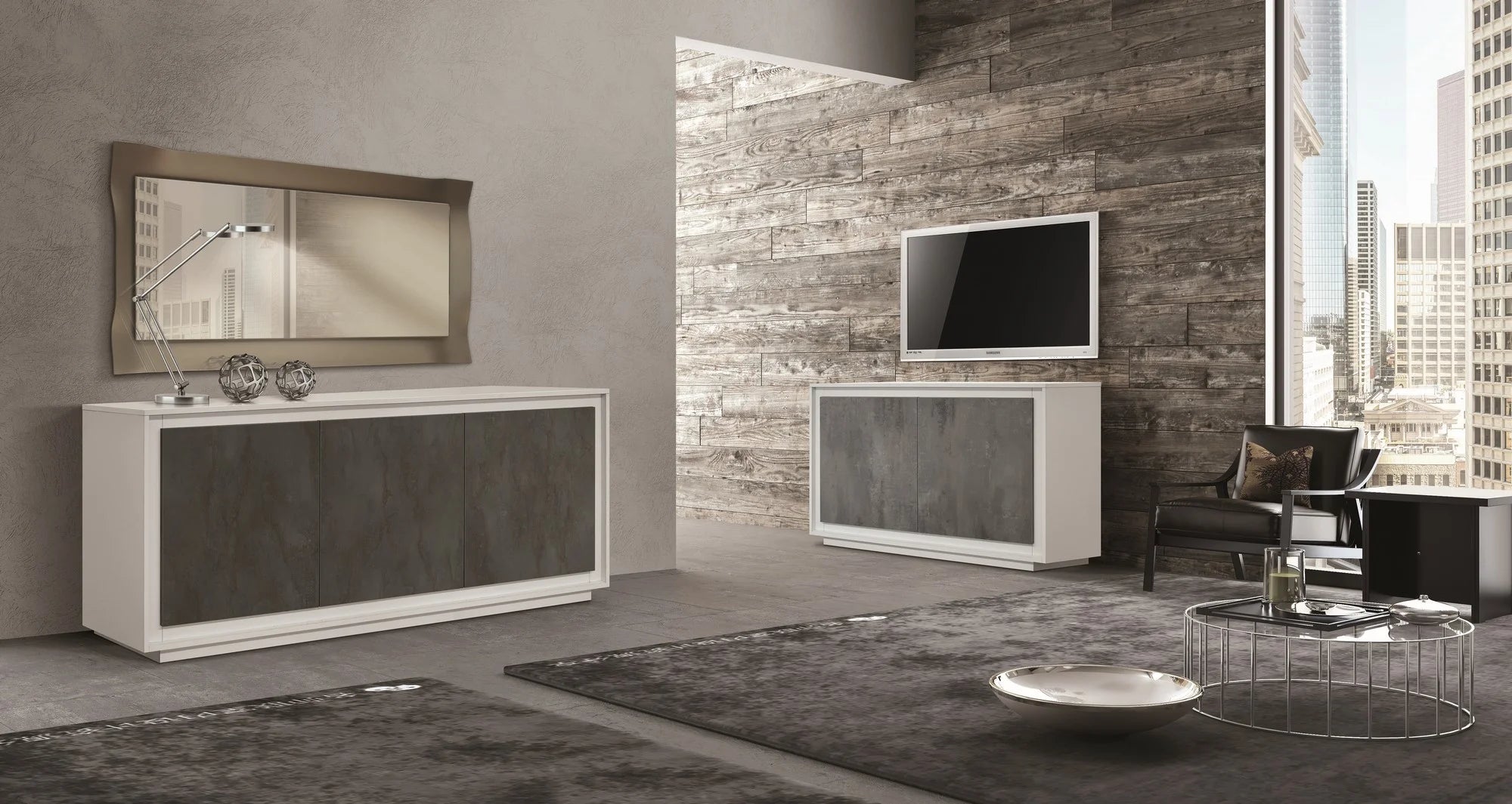 Credenza LAMPEDUSA in legno, finitura bianco frassinato ante finitura acciaio ossidato, 180×50 cm