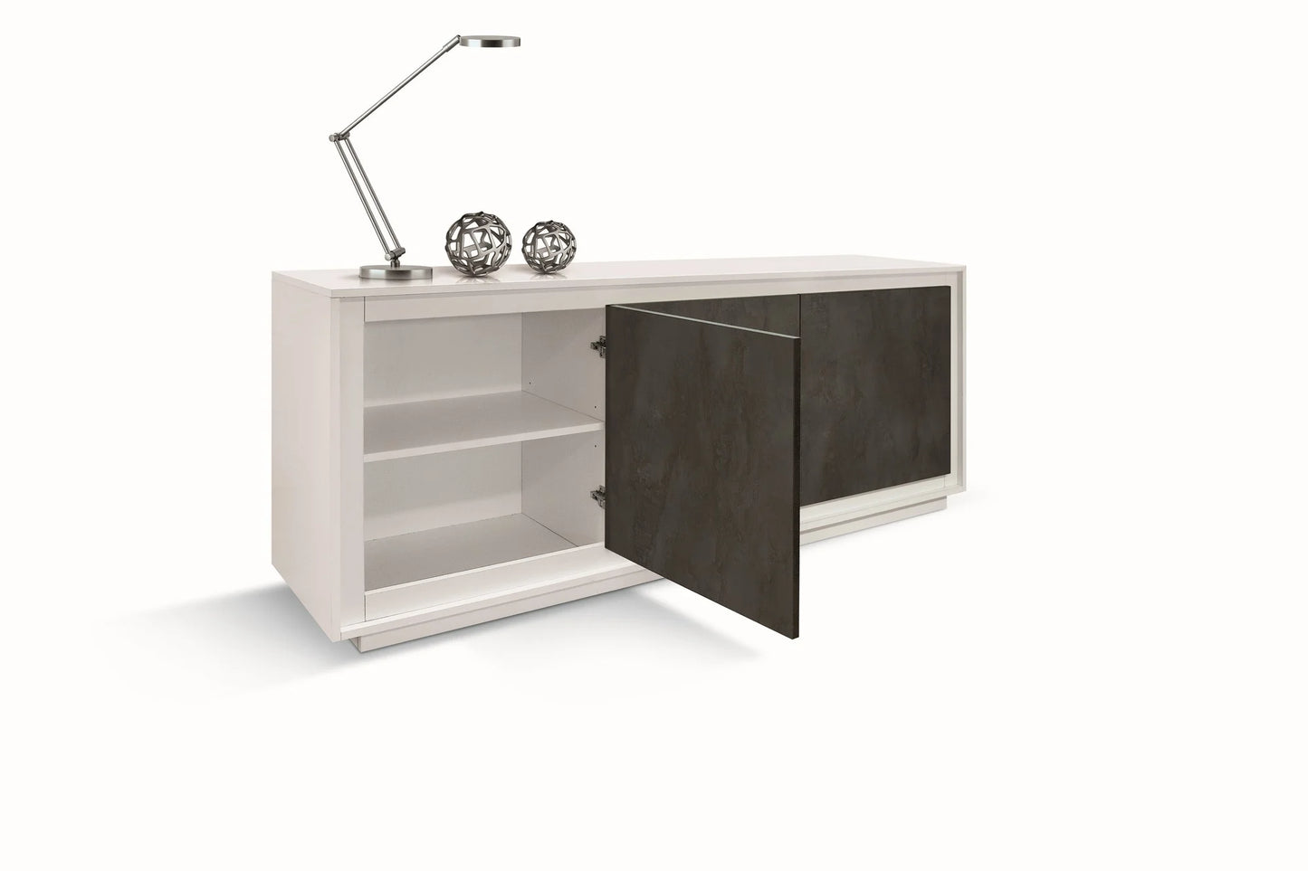 Credenza LAMPEDUSA in legno, finitura bianco frassinato ante finitura acciaio ossidato, 180×50 cm