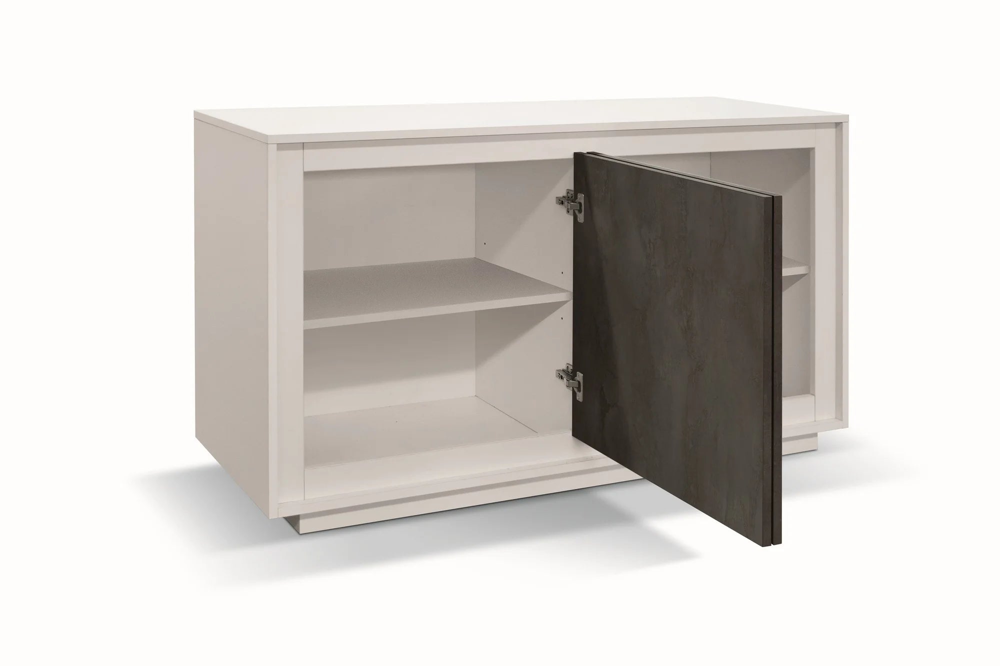 Credenza LAMPEDUSA in legno bianco frassinato, ante finitura acciaio ossidato, 140×50 cm