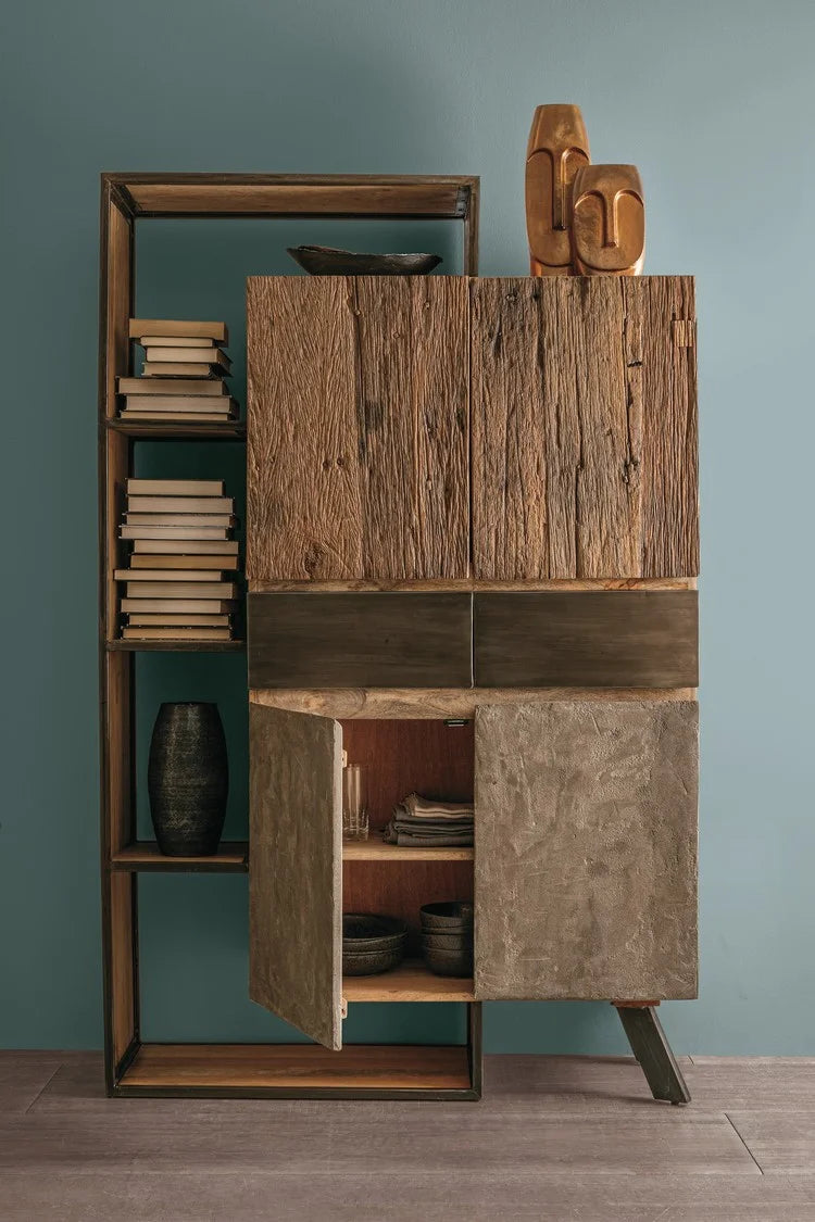 Credenza MANCHESTER in legno di mango e acciaio nero, 118x38x180 cm