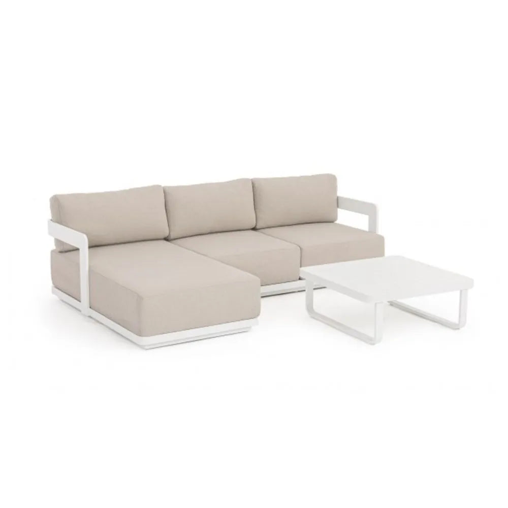 Set salotto MARIEL con divano a 2 posti, chaise longue e tavolino